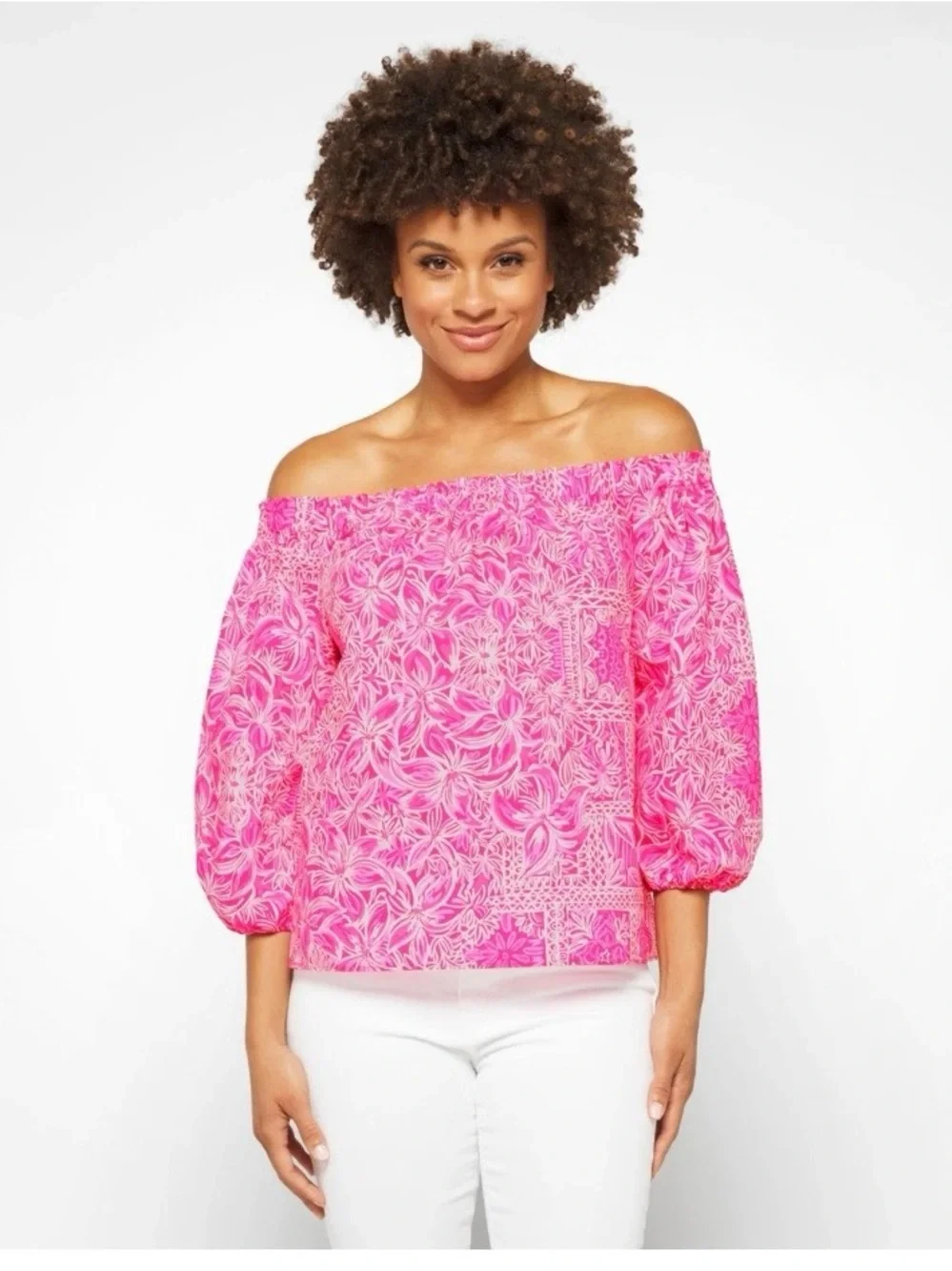 Lilly Pulitzer Winifred Off the Shoulder Pink New Blooms on the Block Size SMALL - Picture 1 of 4
